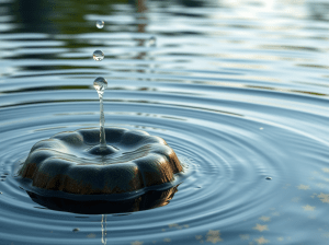 A drop of water bounces above a pool sending ripples across the surface.  [Note:  AI Generated}